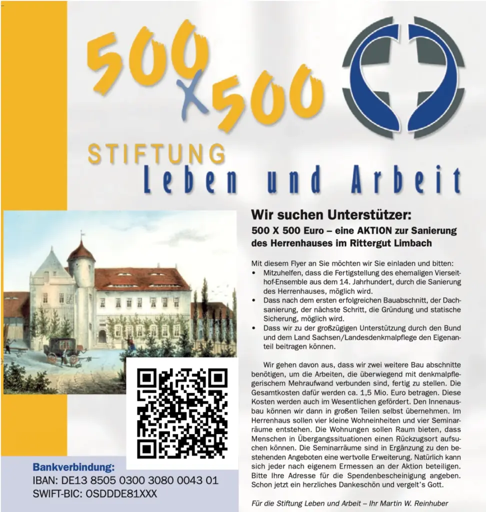Flyer 500 X 500 Euro – eine AKTION zur Sanierung des Herrenhauses im Rittergut Limbach
